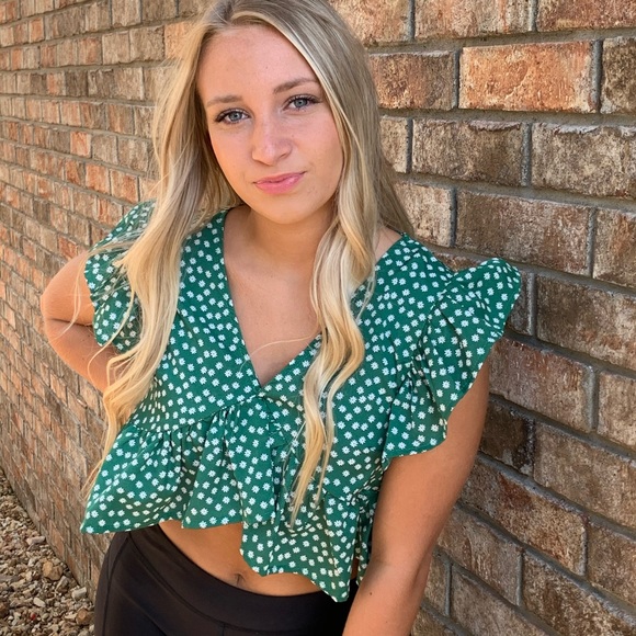 Floral V Neck Peplum Crop Top Green Size Small - Picture 3 of 11